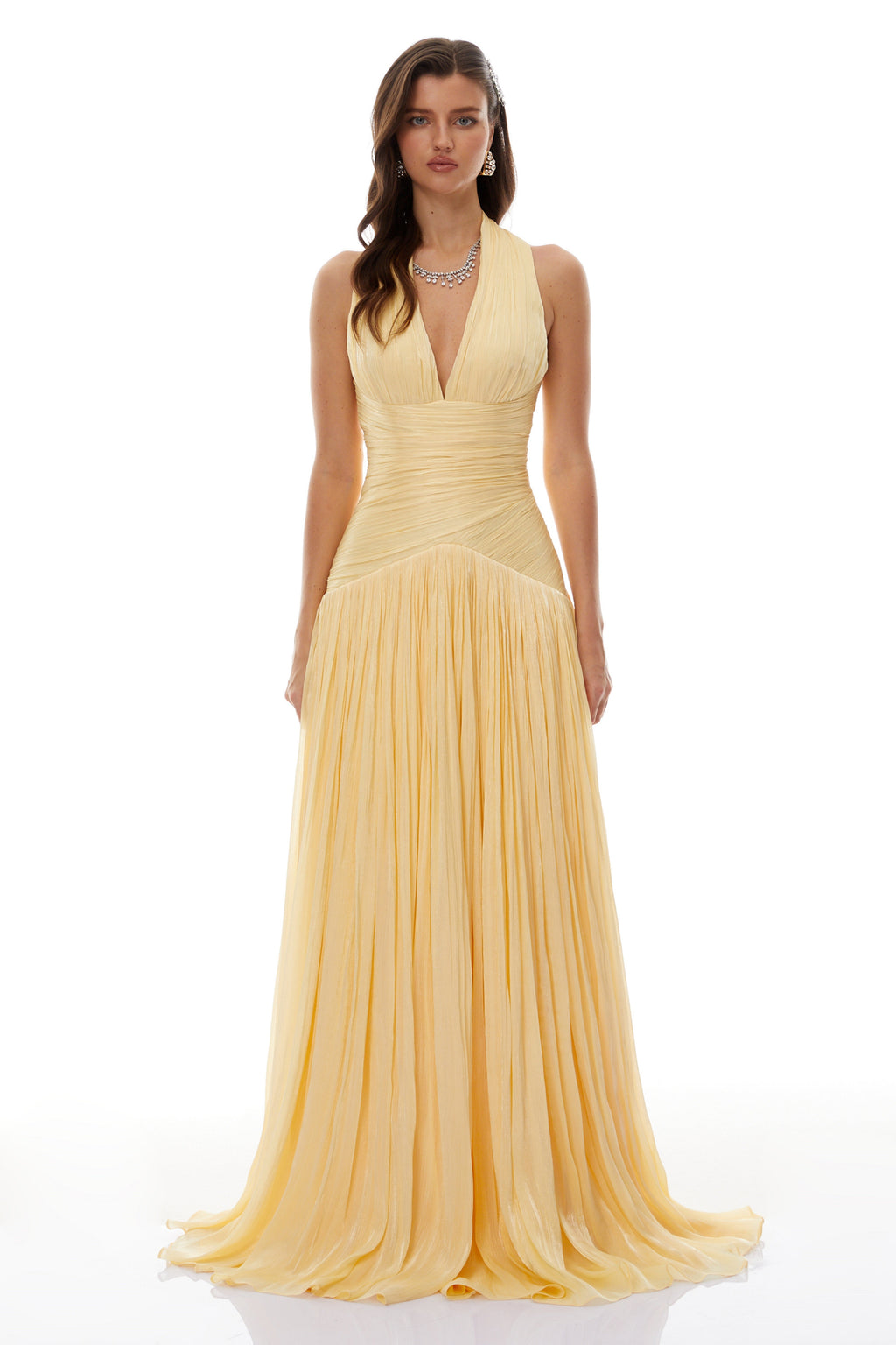 URANIE™ | Vestido Maxi Halter Amarelo que Transforma Qualquer Ocasião em Momento Inesquecível